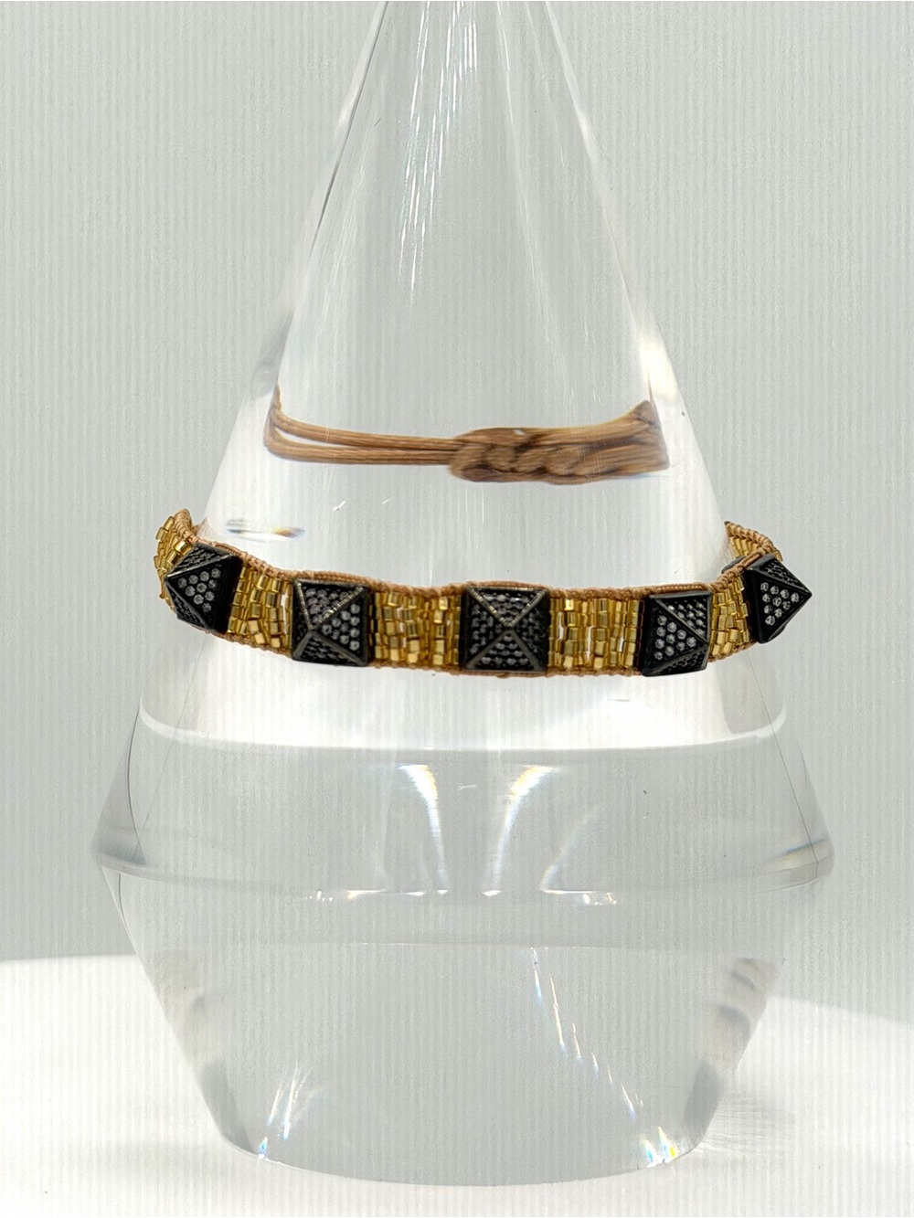 Black Crystal Pyramid & Gold Seed Bead Cord Adjustable Bracelet Women’s Jewelry